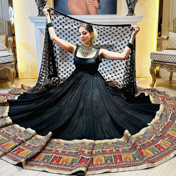 Indian Designer Embroidered Long Flared Black Anarkali Gown Pant with Dupatta Set, Beautiful Stitched Georgette Black Anarkali Suit For Wome