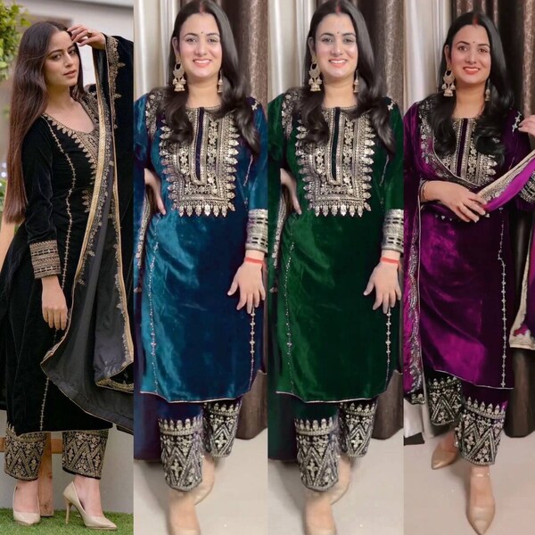 Premium Brown Designer Velvet Suit Zari Embroidered ,Beautiful Winter/Wedding wear Velvet Indian Dresses Readymade Salwar Kameez Party Suit