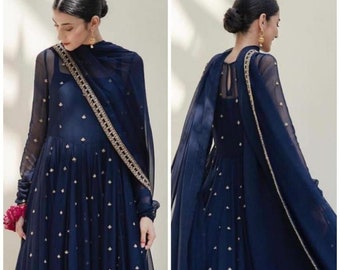 Blue Georgette anarkali suit Indian kurti with dupatta, 2 PC set full flared anarkali dress for women, long wedding gown stitched Dress USA