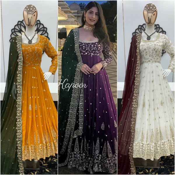 Sabyasachi ontwerper zware gele Georgette Anarkali pak Punjabi pak Indiase lange jurk vlechtmeisje jurk trouwjurk, Haldi jurken