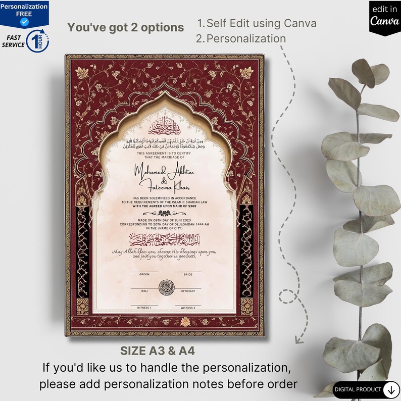 Islamic Marriage Contract Nikah Nama Template for Muslim Wedding Gift