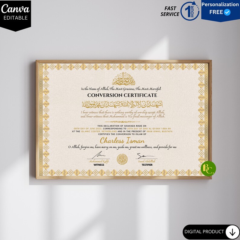 Islamic Conversion Certificate.pdf Personalized Shahada Certificate: Muslim Revert Gift (digital Download ...