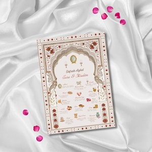 Puede incluir: Una invitación de boda decorativa con un diseño de arco ornamentado en tonos beige, marrón y rojo. La invitación incluye los nombres "Sareh & Ibrahim" y varias ilustraciones simbólicas. Pétalos de rosa rosa dispersos.