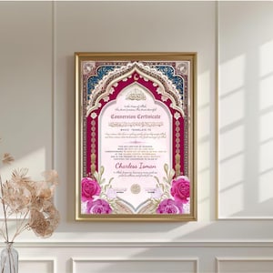 May include: A framed conversion certificate with ornate burgundy and gold detailing. The certificate includes text in English and Arabic, with pink roses at the bottom. The frame is gold.