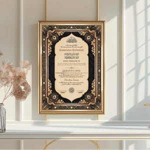 May include: A framed conversion certificate with ornate gold and black detailing. The certificate features Arabic script and the English text "Conversion Certificate." The frame is gold, and the certificate is displayed on a white wall.