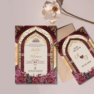 Moslemische Hochzeitseinladungskarte Islamische Hochzeitseinladung Download Nikkah-Einladungsvorlage Nikkah-Einladung Maroon Walima-Einladung