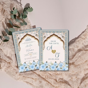 Islamitische bruiloft uitnodiging sjabloon | Nikkah-uitnodiging blauw | Luxe moslimhuwelijksuitnodigingen