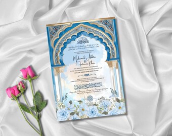 Editable Muslim Marriage Certificate: Nikkah Contract Digital Instant Download (Blue Wedding Theme)