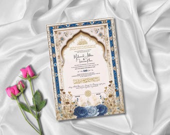 Certificado de boda islámico: Plantilla de Nikkah Nama para parejas musulmanas (boda azul)