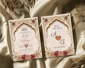 Złoty szablon islamskiego zaproszenia ślubnego: Nikkah i Walima (do pobrania cyfrowego)