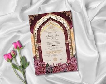 Islamic Nikkah Contract Digital: Nikah Nama Template Maroon Wedding Theme (Muslim Couple Gift)