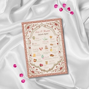 May include: A decorative wedding invitation with a beige background and a red floral border. The invitation features the names "Sara & Ibrahim Sofreh Aghd" and includes illustrations of traditional wedding elements.