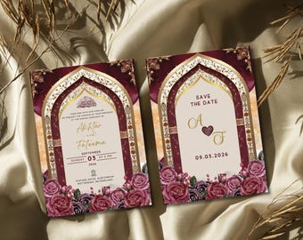 Plantilla de invitación Nikkah floral granate: Tarjeta de boda islámica (descarga digital)