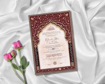 Islamic Marriage Contract: Nikah Nama Template for Muslim Wedding Gift (Maroon Wedding Theme)