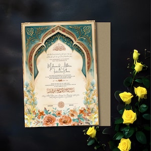 Dini Nikah Belgesi Certificado de matrimonio islámico Nikkahnama digital Contrato Nikkah verde con Mahr Certificado Nikkah islámico Nikah Nama