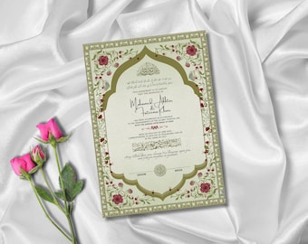 Islamic Nikkah Contract Digital: Muslim Marriage Certificate Instant Download (Green Theme Wedding)