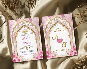 Pink Floral Muslim Wedding Invitation: Nikkah & Walima Template (Canva Download)