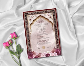 Islamic Marriage Certificate: Nikkah Nama Template Gift for Muslim Couples (Maroon Wedding Theme)