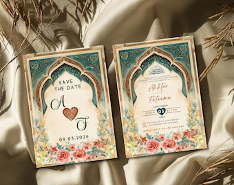Luxury Islamic Wedding Invitation Template: Green & Gold Nikkah (Digital Download)