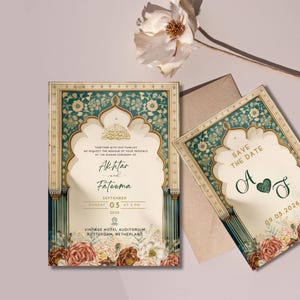 May include: Wedding invitation and save-the-date cards with a floral design. The invitation features the names Akhtar and Fateema, event details, and the venue in Rotterdam, Netherlands. The save-the-date card has the initials A and F with a heart.