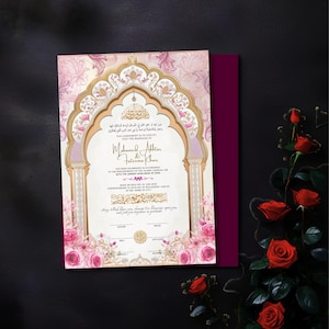 Luxus Nikkah Zertifikat, Nikkah Vertrag mit Mahr, Muslimische Heiratsurkunde zum Ausdrucken, Nikahnama Pink, Nikah Papiervorlage