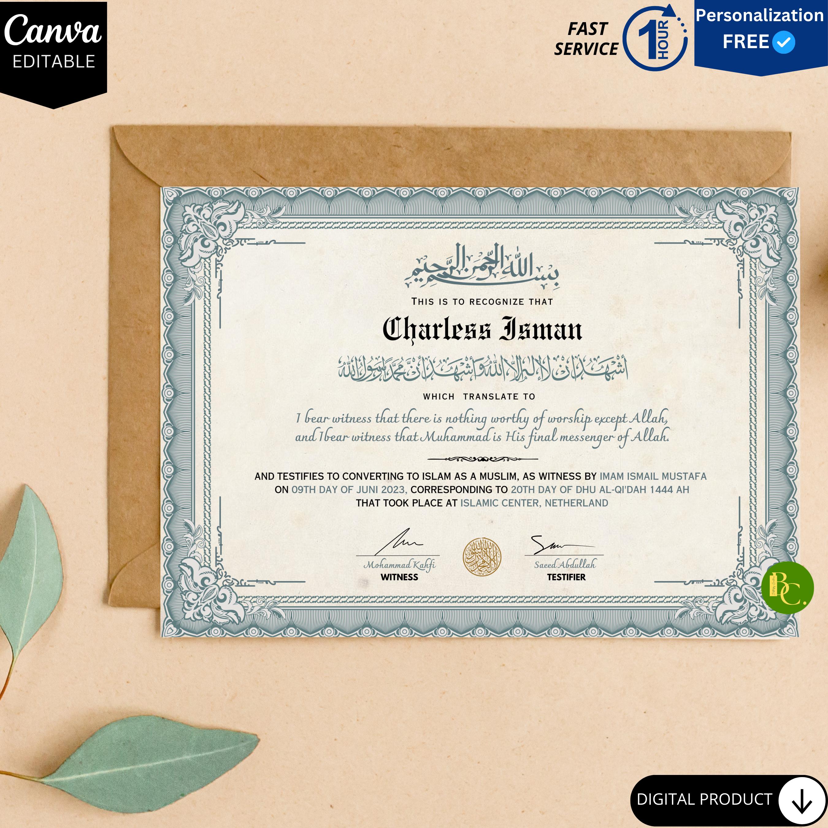 Islamic Conversion Certificate.pdf Islamic Conversion Certificate – Custom Digital Shahada Certificate for ...