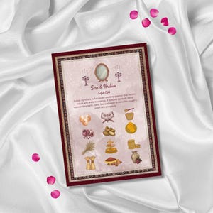 May include: A framed invitation with a burgundy border and ornate design. The invitation features the names "Sara & Ibrahim" and text describing a joyful Iranian wedding tradition. Various symbolic items are illustrated on the invitation.
