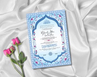 Islamic Nikkah Certificate: Nikkah Contract Digital Download (Blue Theme Wedding)