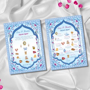 May include: Two light blue wedding invitation cards with floral and arch designs. The cards feature the names "Sara & Ibrahim" and "Sofreh Aghd" in elegant script. Decorative elements include illustrations of various wedding items.