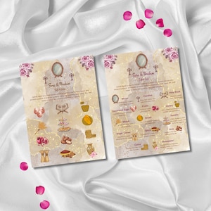 May include: Two wedding invitation cards with the text "Sere & Ibrahim" and "Sofreh Aghd". The cards feature illustrations of a mirror, candles, and other symbolic items, with a floral design. The background is a watercolor effect.