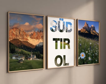 Set of 3 Dolomites South Tyrol wall pictures | Wall pictures for living room decoration | Nature pictures | Set of 3 posters | Various sizes | Without frame