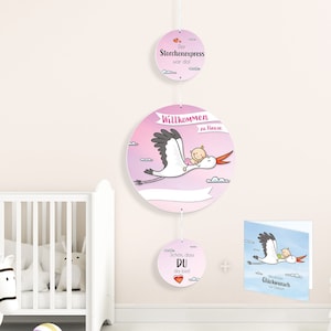 Storch zur Geburt Set I Klapperstorch Girlande 100 cm I Willkommen Zuhause Baby rosa I personalisierbar I Aufhänger Deko Mobile Mädchen