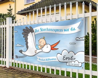 Banner zur Geburt Baby I Junge I Blau I Wetterfest I beschreibbar I Inkl. Kabelbinder & Stift I 160 x 70 cm I Geschenk Poster Storch Deko