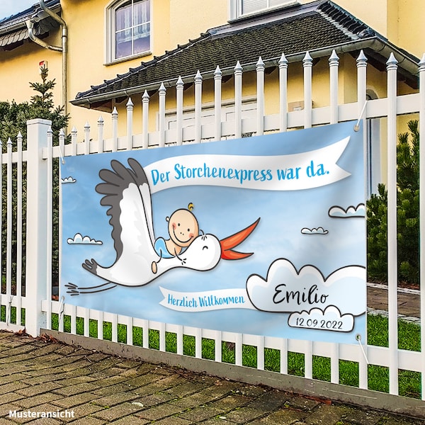 Banner zur Geburt Baby I Junge I Blau I Wetterfest I beschreibbar I Inkl. Kabelbinder & Stift I 160 x 70 cm I Geschenk Poster Storch Deko