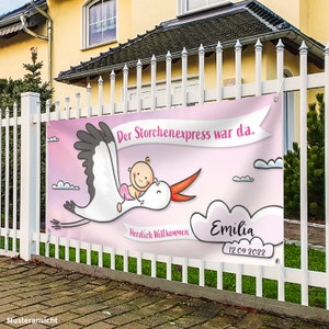 Banner zur Geburt Baby Set I 160 x 70 cm I Mädchen, rosa I Wetterfest, beschreibbar I Inkl Kabelbinder & Stift I Geschenk Poster Storch Deko