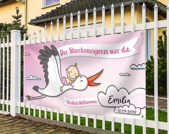 Banner zur Geburt Baby I Mädchen I Rosa I Wetterfest I Beschreibbar I Inkl. Kabelbinder & Stift I 160 cm x 70 cm I  Babyparty Poster Storch