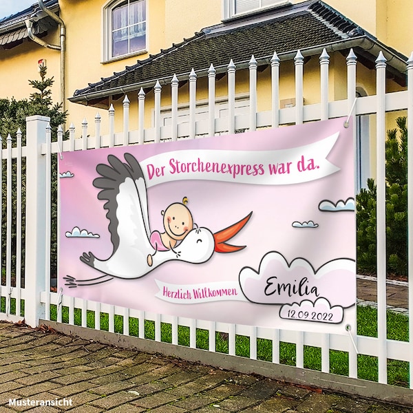 Banner zur Geburt Baby I Mädchen I Rosa I Wetterfest I Beschreibbar I Inkl. Kabelbinder & Stift I 160 cm x 70 cm I  Babyparty Poster Storch