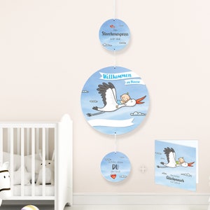 Storch zur Geburt Set I Klapperstorch Girlande 100 cm I Willkommen Zuhause Baby blau I personalisierbar I Aufhänger Deko Mobile Junge