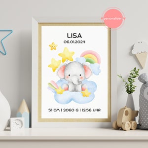 Personalisiertes Poster mit Geburtsdaten | Geschenk zur Geburt | Geburtsbild Baby Elefant | Geburtstafel Digital oder Druck | Junge, Mädchen