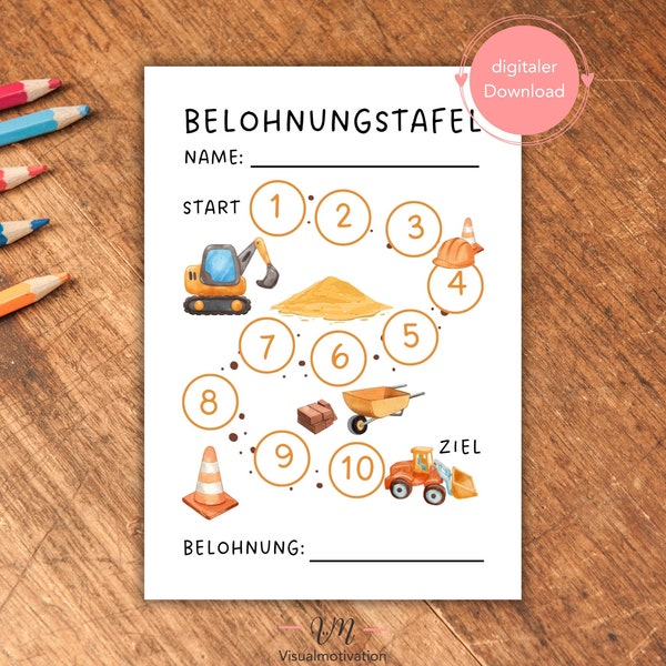 Belohnungstafel für Kinder | PDF Download zum ausdrucken DIN A4 | Belohnungsplan Bagger | Motivationshilfe