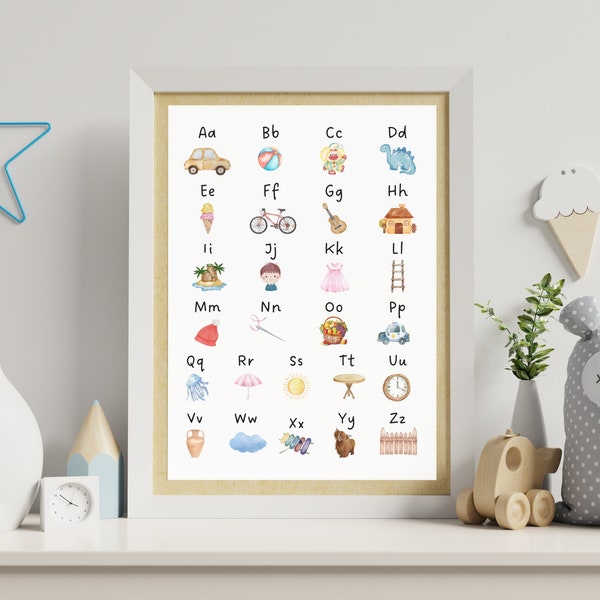 ABC Poster Kinderbild Alphabet | Buchstaben Bild Kinderzimmer | Bild a b c deutsch | Buchstaben lernen Schule KIGA | Geburtstagsgeschenk