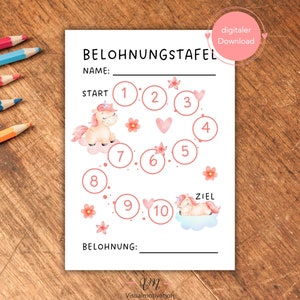 Reward chart for children | PDF download for printing DIN A4 | Reward plan unicorn pink | Motivational aid