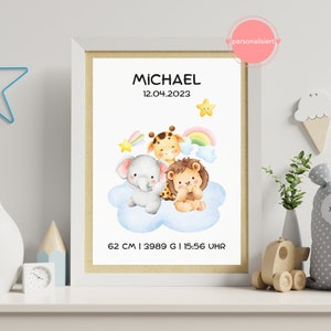 Personalisiertes Poster mit Geburtsdaten | Geschenk zur Geburt | Geburtsbild Baby Tiere | Geburtstafel Digital oder Druck | Junge, Mädchen