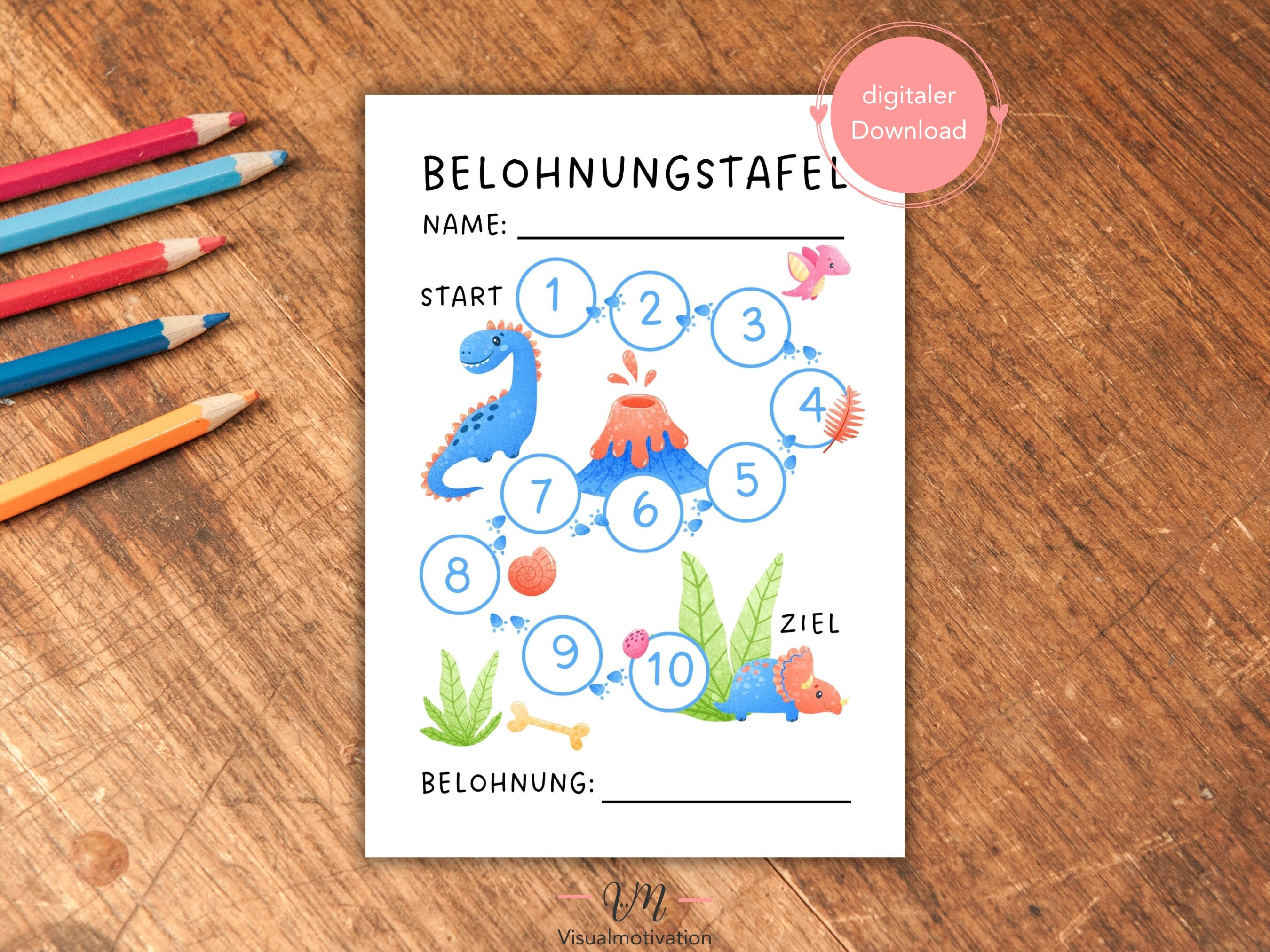 Tabella delle ricompense per i bambini | Scarica PDF per la stampa DIN A4 | Piano di ricompensa per i dinosauri | Aiuto motivazionale