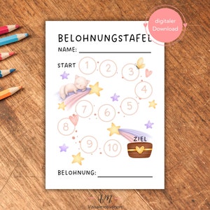 Tabla de recompensas para niños | Descarga de PDF para imprimir DIN A4 | Plan de recompensas gato estrellas del arco iris | ayuda motivacional
