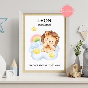 Personalisiertes Poster mit Geburtsdaten | Geschenk zur Geburt | Geburtsbild Baby Löwe | Geburtstafel Digital oder Druck | Junge, Mädchen