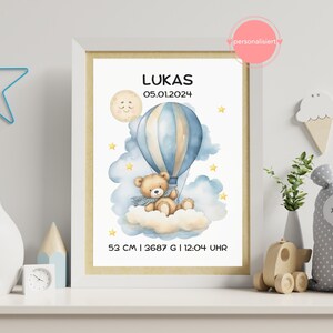 Personalisiertes Poster mit Geburtsdaten | Geschenk zur Geburt | Geburtsbild Bär blau | Geburtstafel Digital oder Druck | Junge, Mädchen