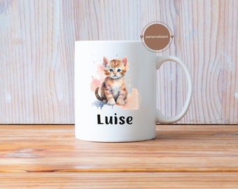 Katzen Tasse personalisiert mit Name | Keramik Becher | Geschenkidee für Kinder | Junge & Mädchen | Geburtstagsgeschenk | niedliche Teetasse