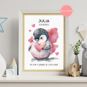 Personalisiertes Poster mit Geburtsdaten | Geschenk zur Geburt | Geburtsbild Pinguin pink | Geburtstafel Digital oder Druck | Junge, Mädchen