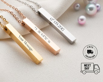 Personalized Minimalist Jewelry Custom Coordinate Necklace Bar Necklace Name Necklaces Unique Holiday Gift for Her Engraved Necklace